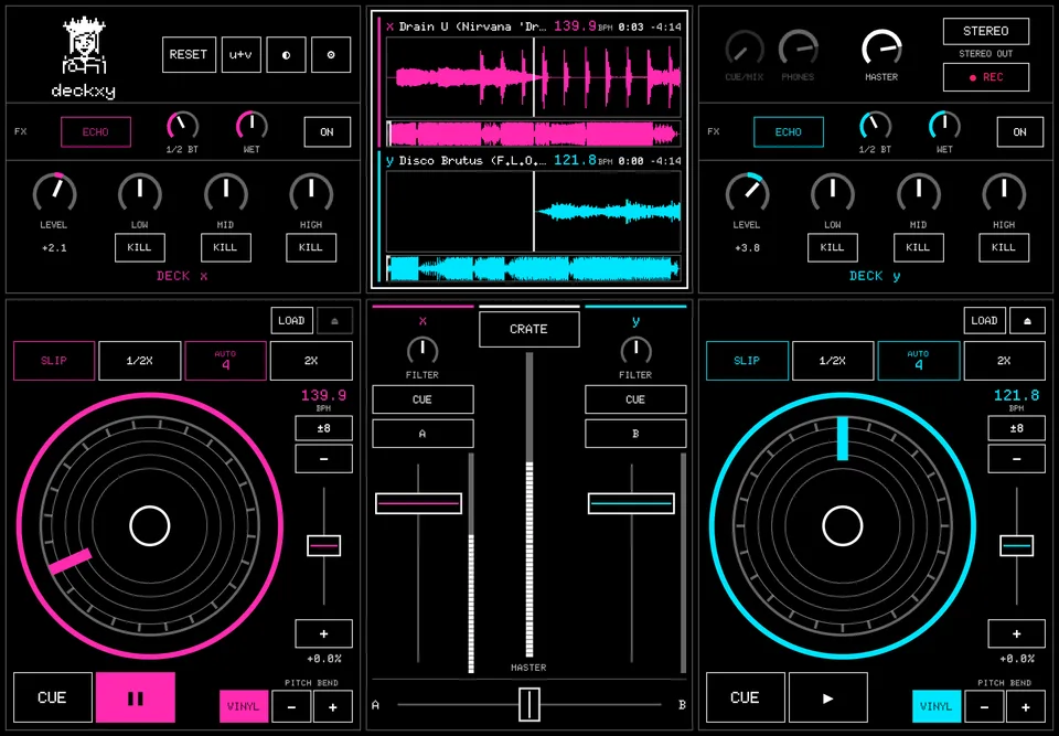 deckxy: two jog-wheel decks around a mixer, in pink and cyan