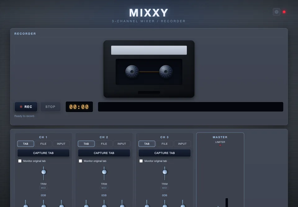mixxy: a cassette recorder above three mixer channels