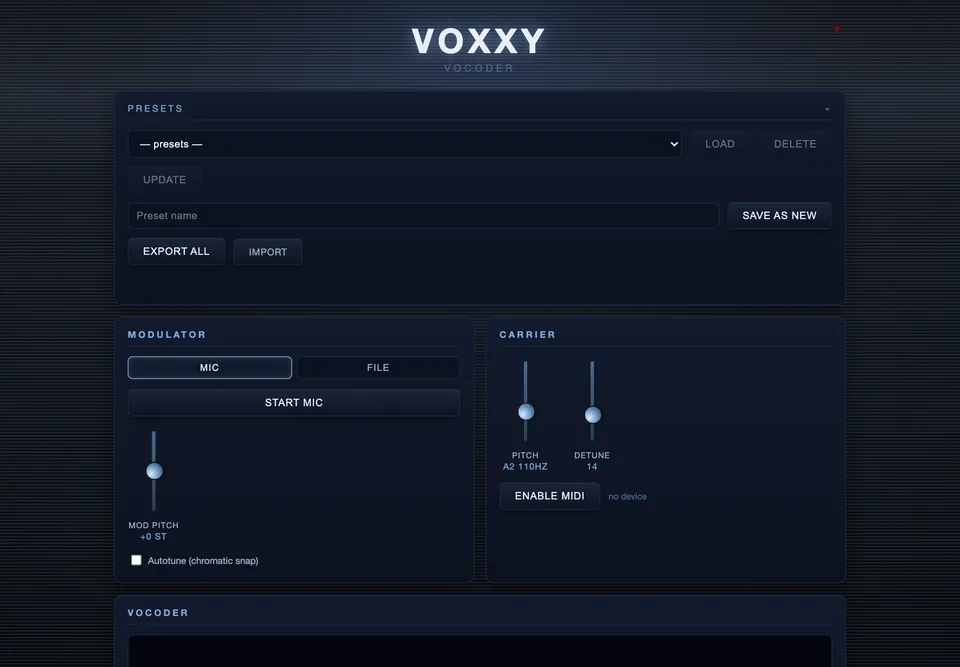 voxxy: vocoder controls for modulator and carrier